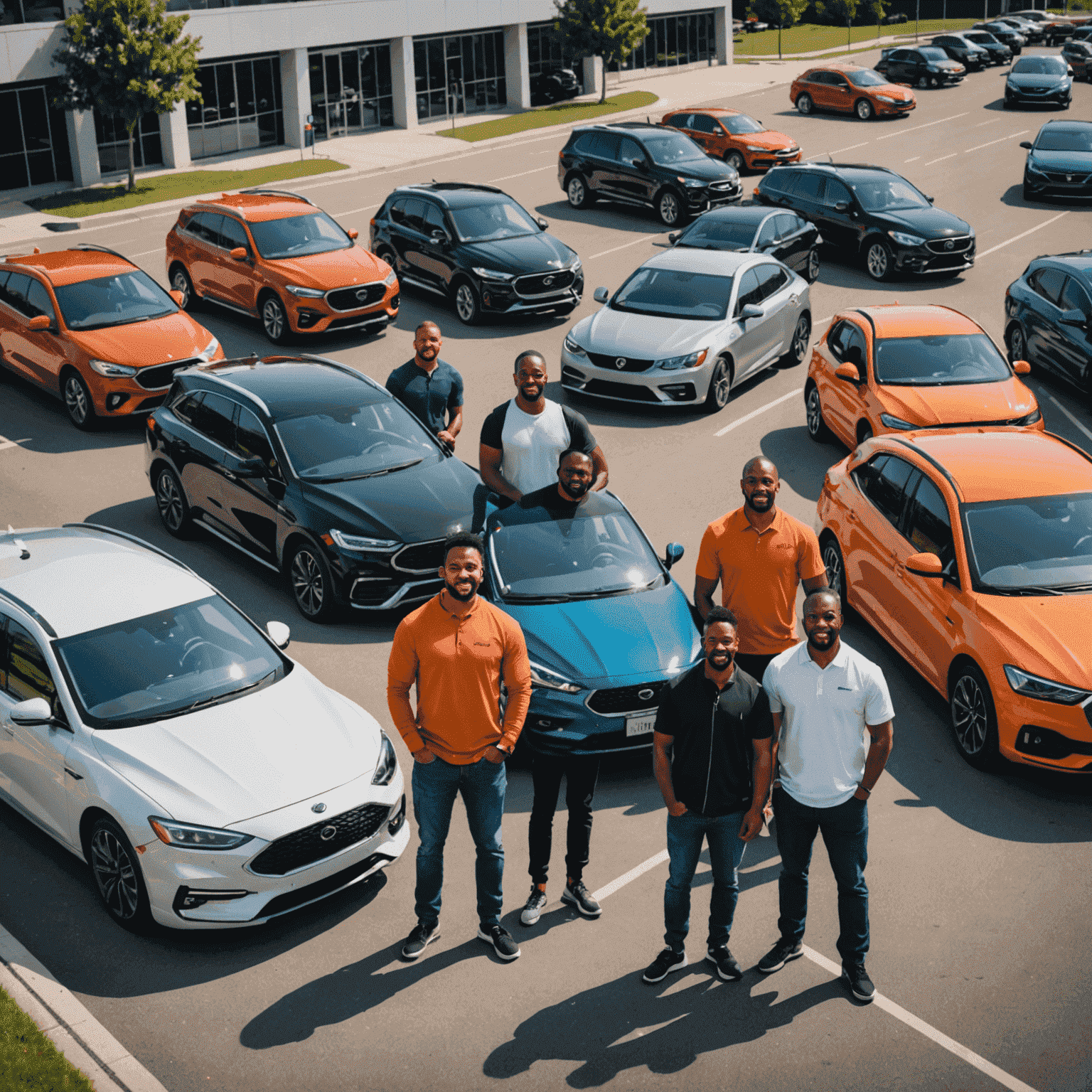 A diverse group of drivers standing confidently next to various vehicles, representing the inclusive community of salopnitsa