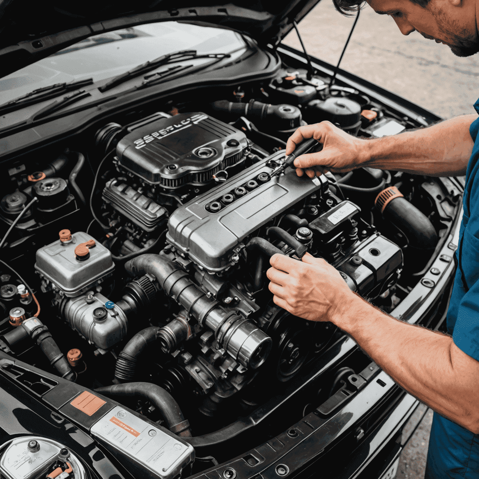 A mechanic performing routine maintenance on a car engine, with tools neatly arranged nearby