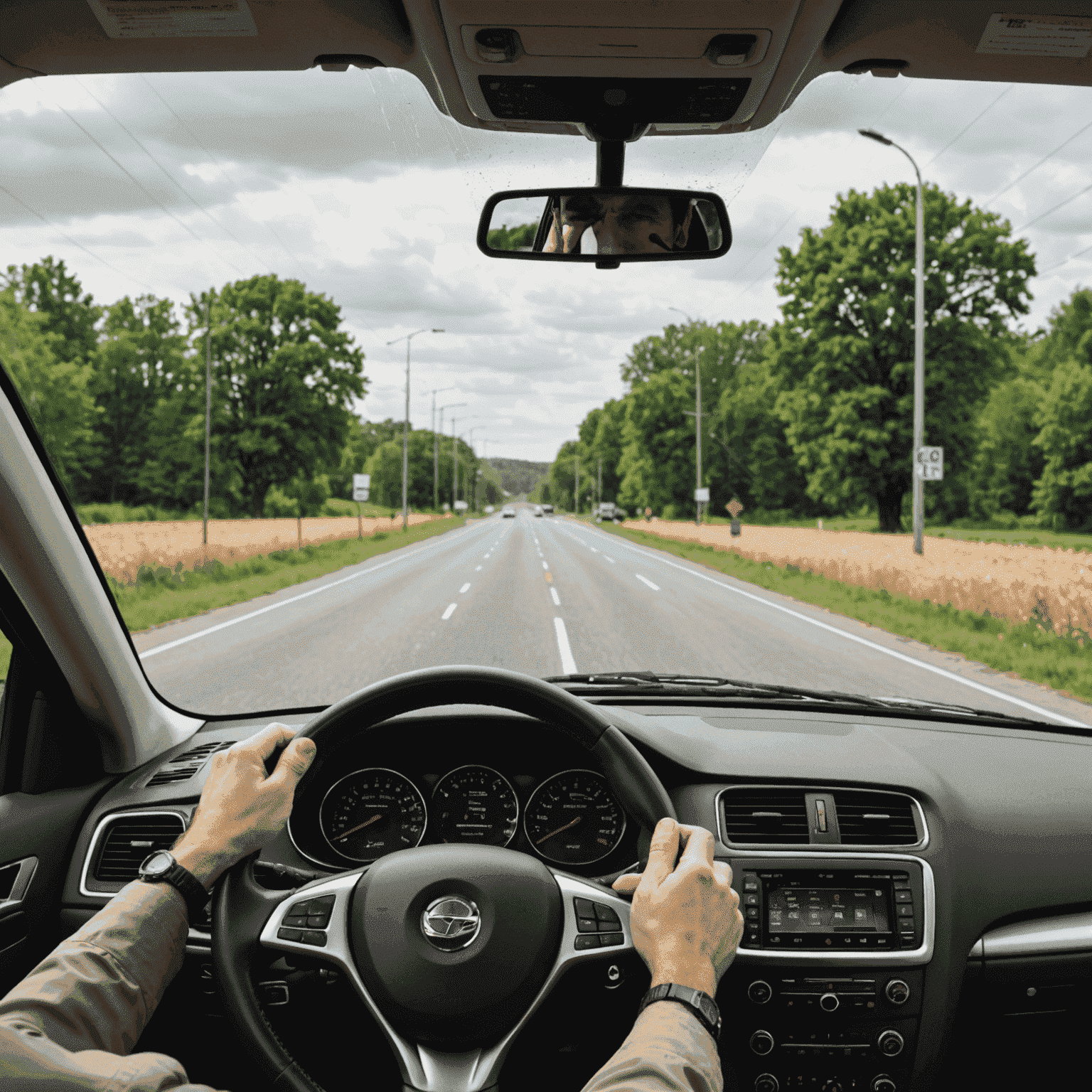 A driver demonstrating proper hand positioning on a steering wheel, with a clear view of the road ahead through a windshield. The image shows a mix of urban and rural environments to represent various driving conditions.