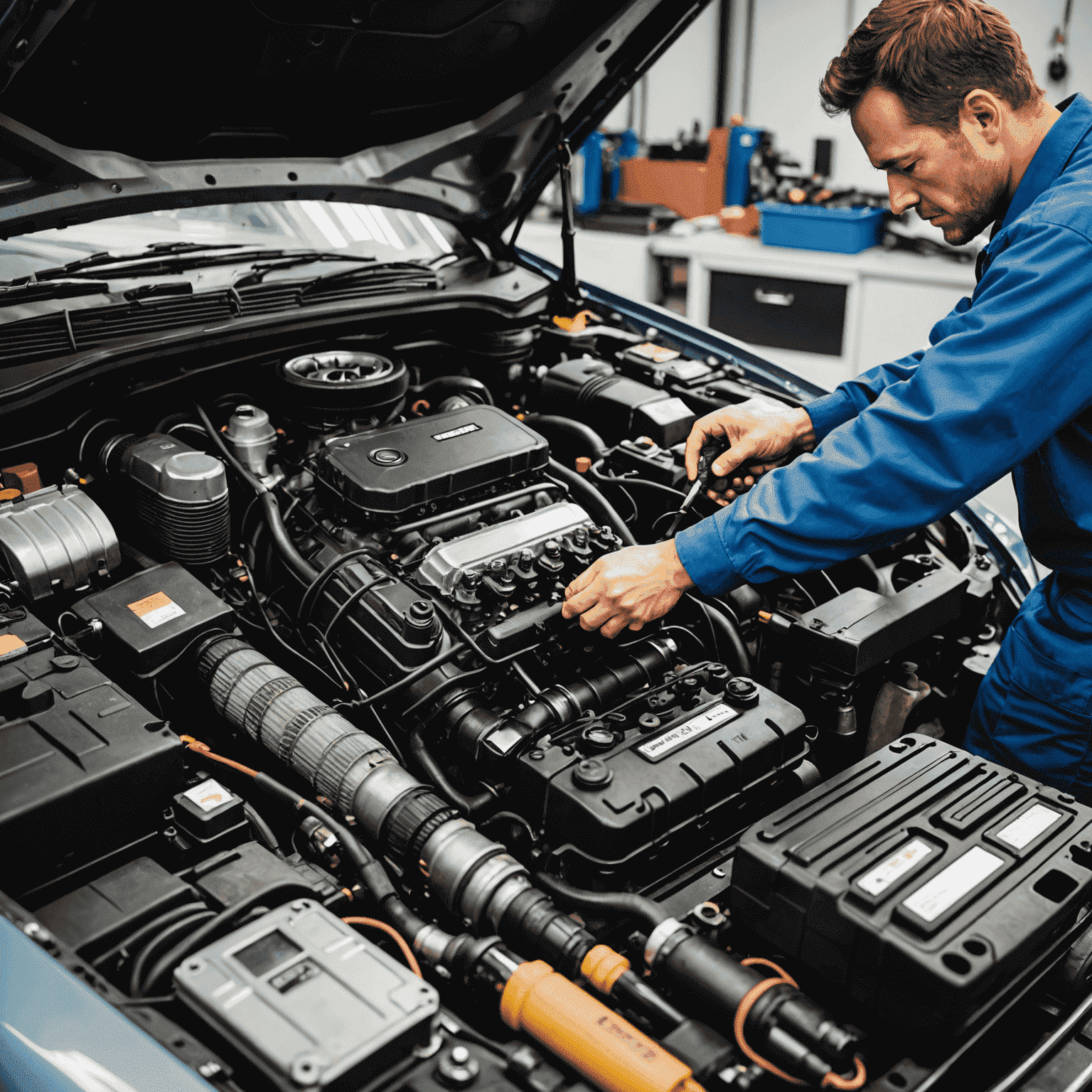 A mechanic working on a car engine, with tools spread out and a diagnostic computer nearby. The image showcases various car parts and maintenance equipment.