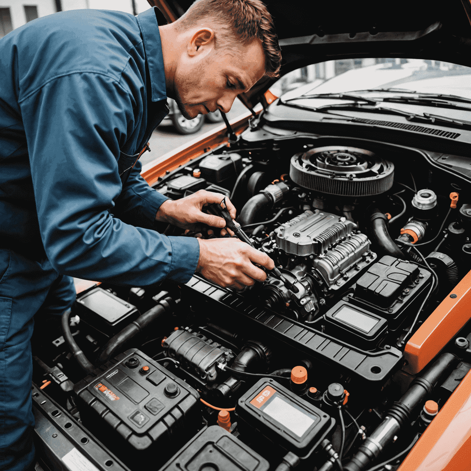 A mechanic performing routine maintenance on a car engine, with tools neatly arranged nearby and a digital diagnostic device in use