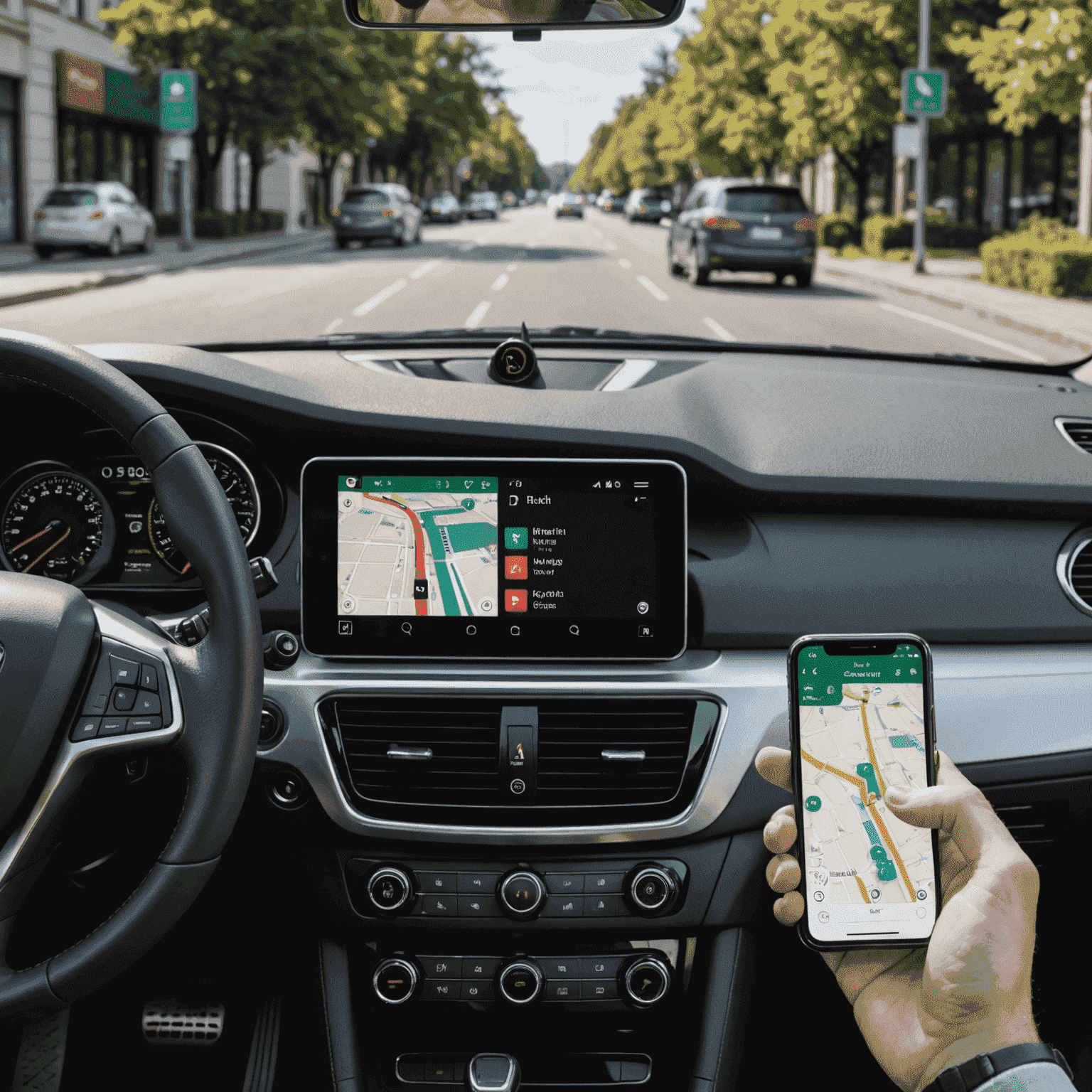 A split-screen image showing a smartphone running a navigation app on one side and a car dashboard with a built-in GPS system on the other, symbolizing the various navigation options available to modern drivers