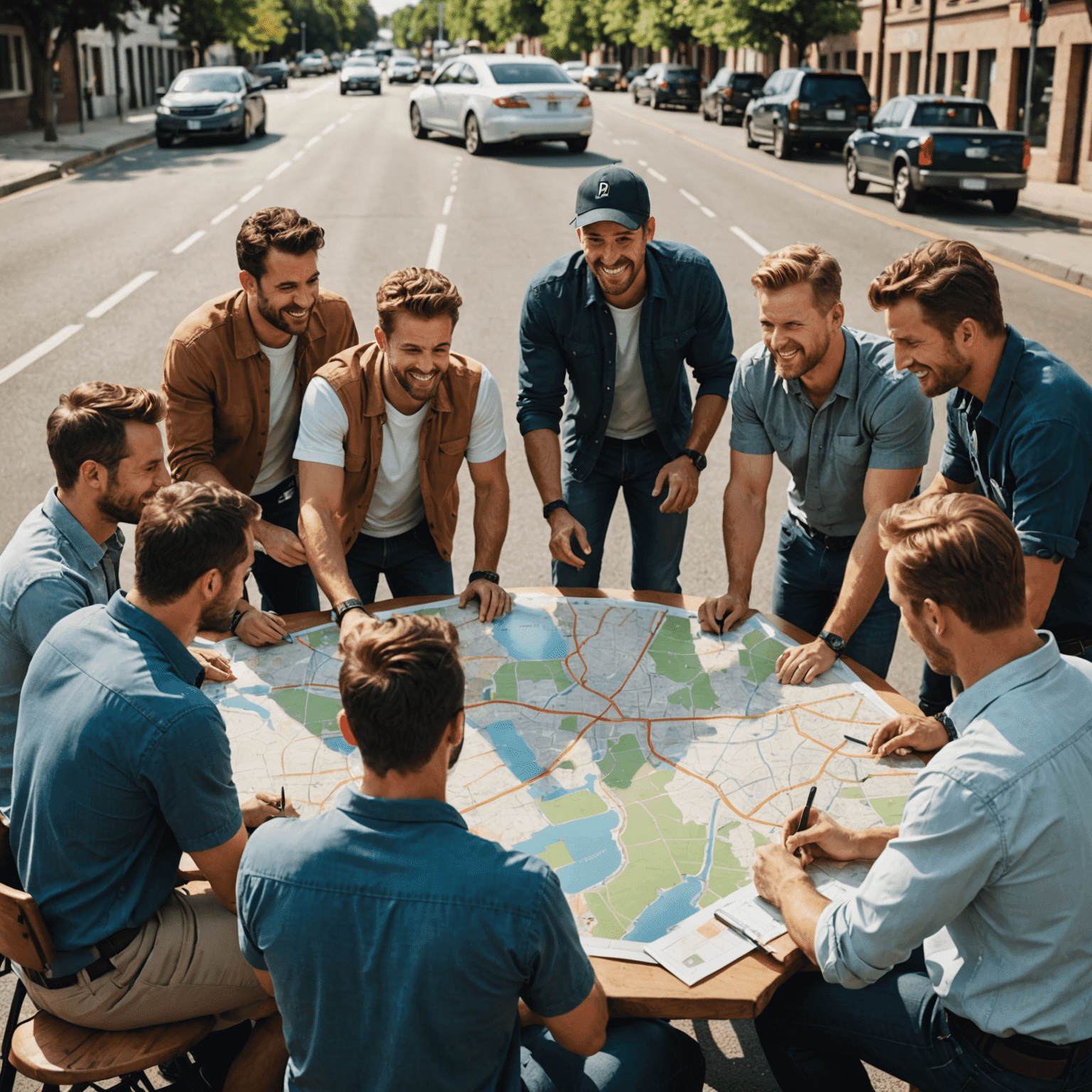 A group of diverse drivers gathered around a map, discussing routes and sharing tips. The image showcases camaraderie and professional exchange in a friendly, supportive environment.