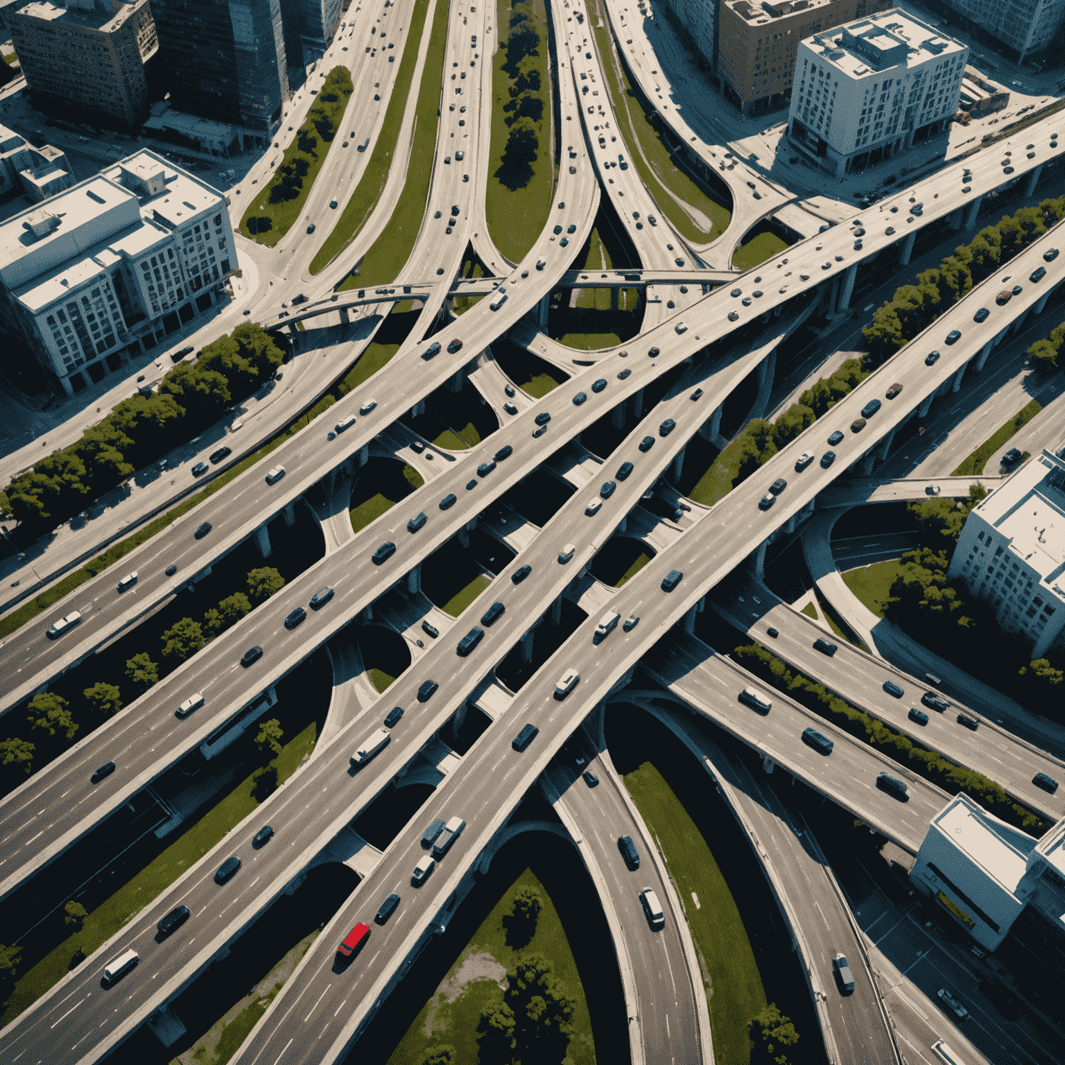 Aerial view of a busy highway intersection with real-time traffic data overlay