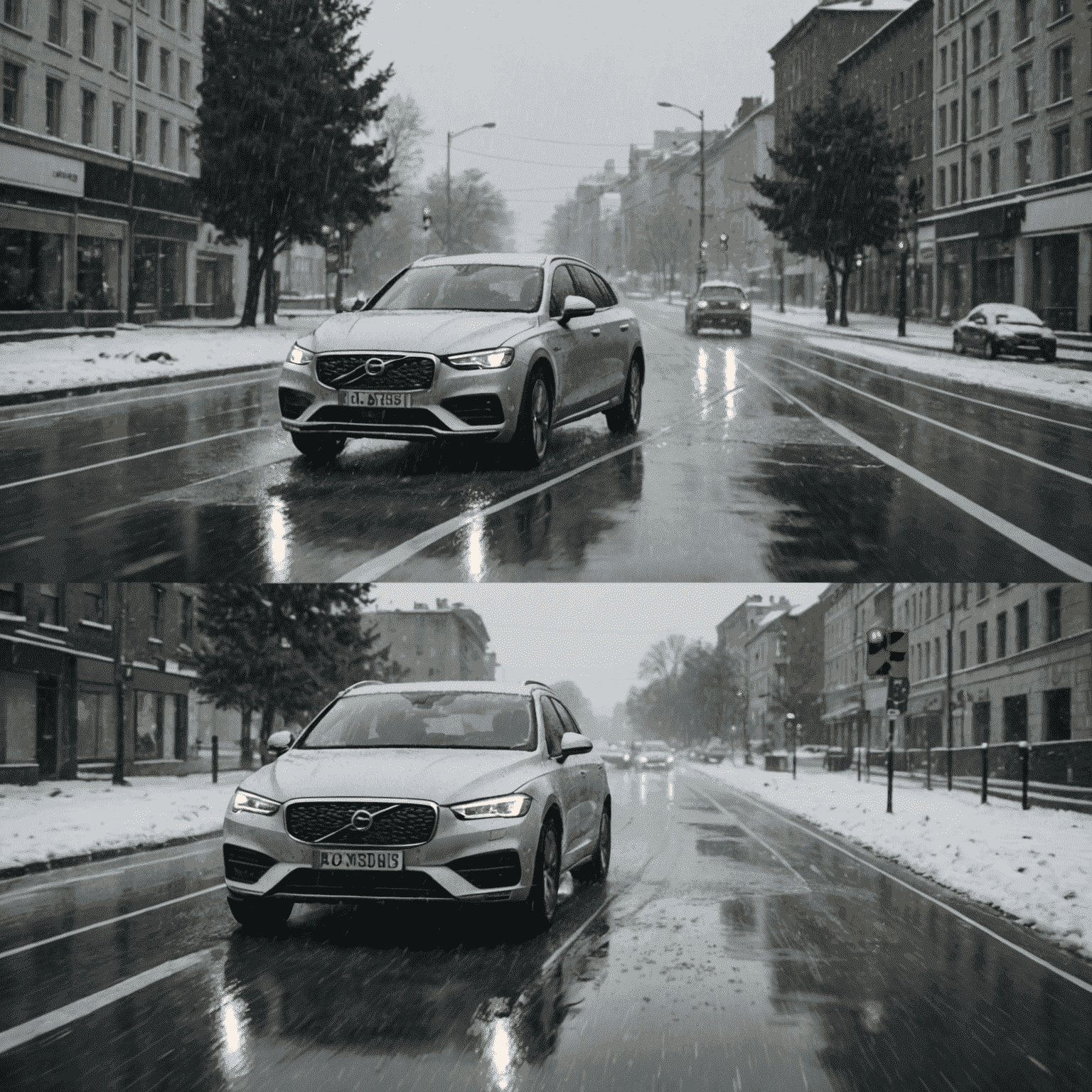 Split-screen image showing a car driving in heavy rain on the left and snowy conditions on the right, emphasizing the need for adapting driving techniques to different weather conditions.