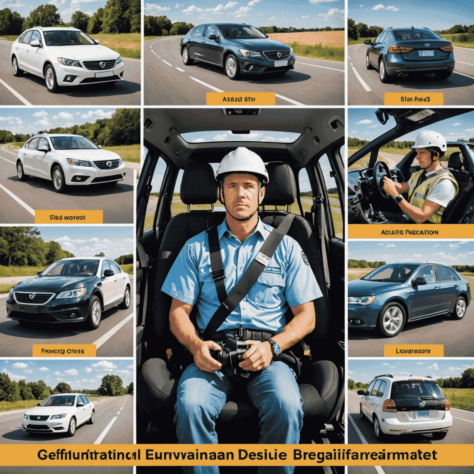 A collage of safety equipment including a seatbelt, airbag, road signs, and a driver practicing defensive driving techniques on a simulator.