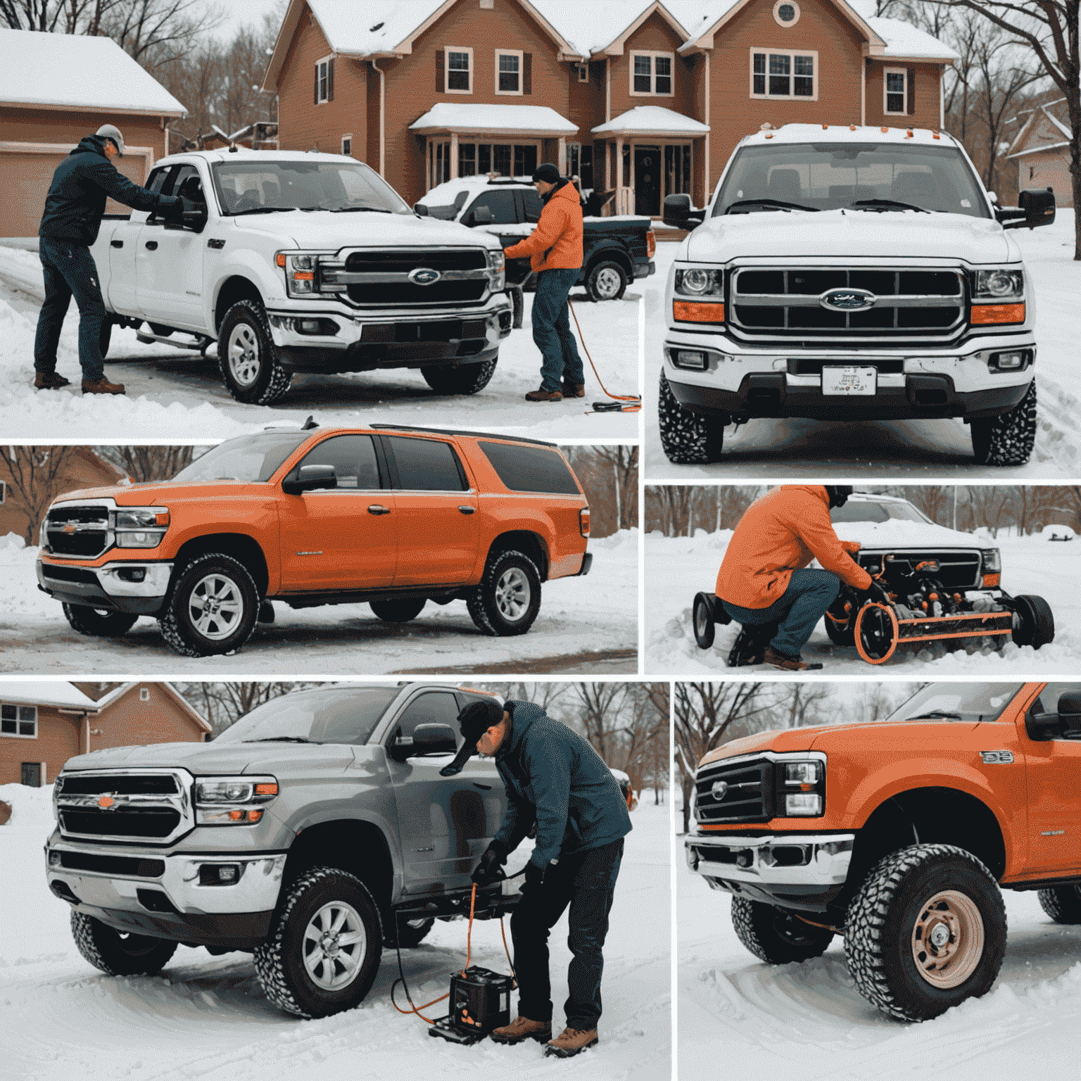 A collage showing seasonal maintenance tasks: checking A/C, inspecting cooling system, testing heater, and installing winter tires