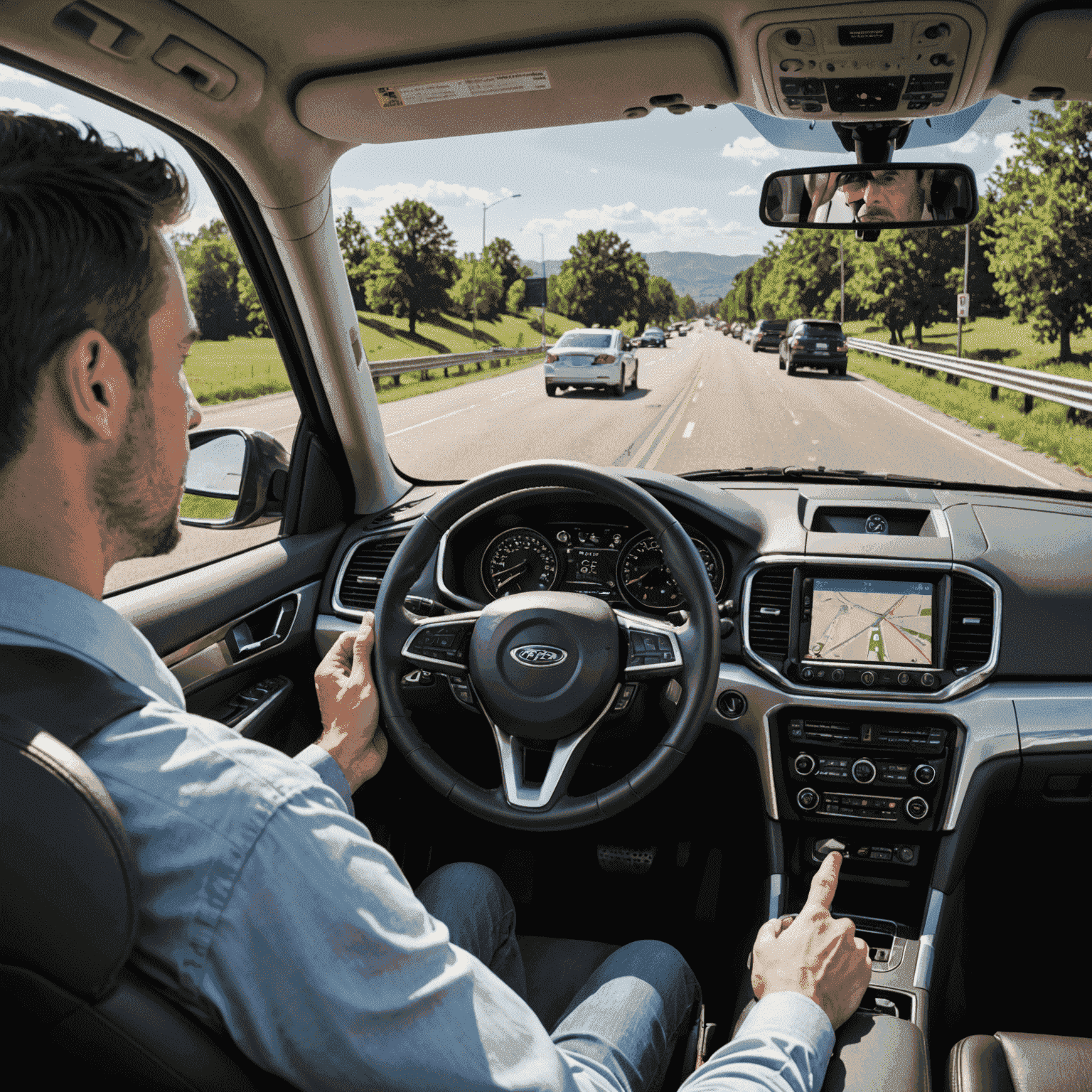 Diagram showing defensive driving techniques, including proper hand positions on steering wheel, scanning the road ahead, and maintaining awareness of surrounding vehicles