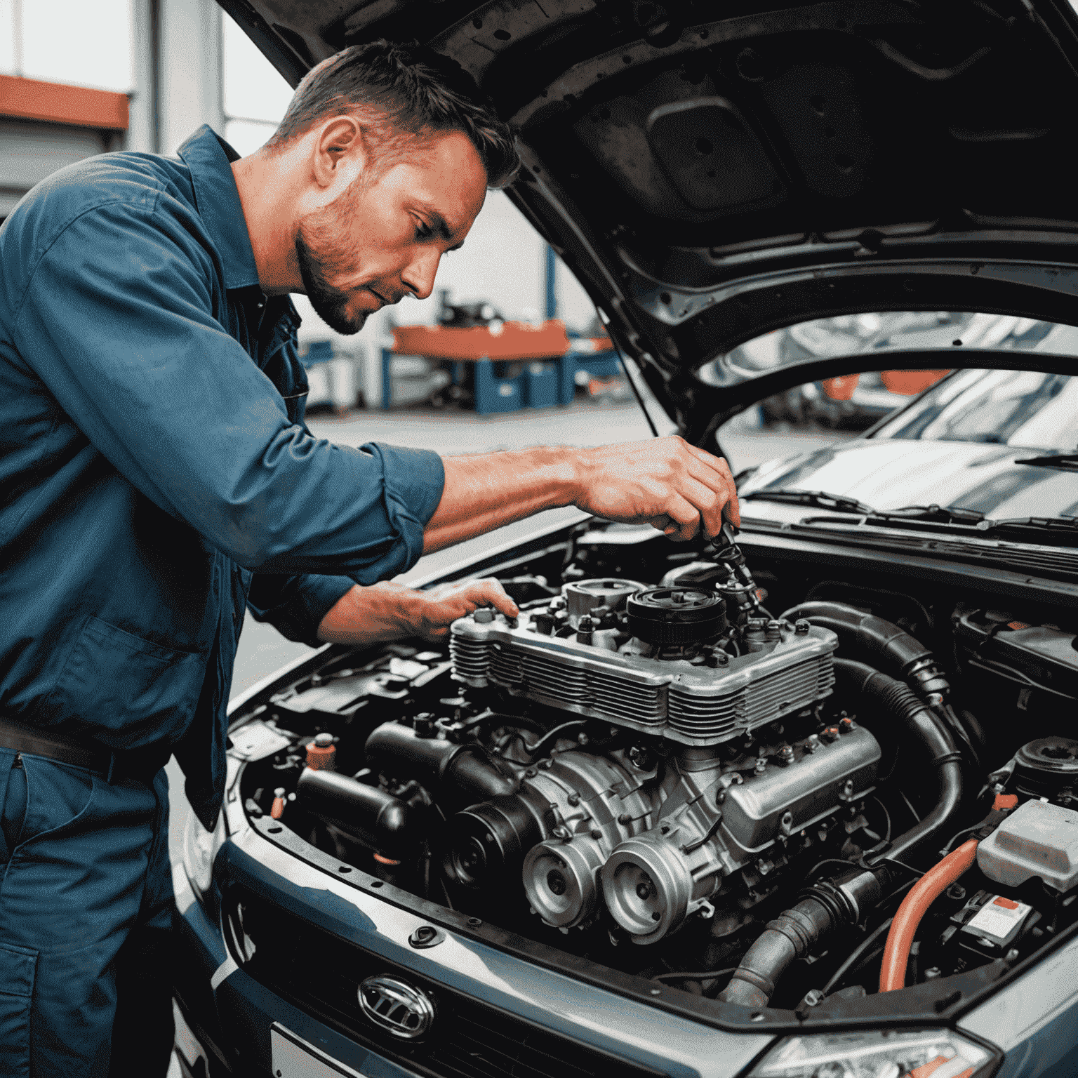 Mechanic performing routine maintenance on a car engine