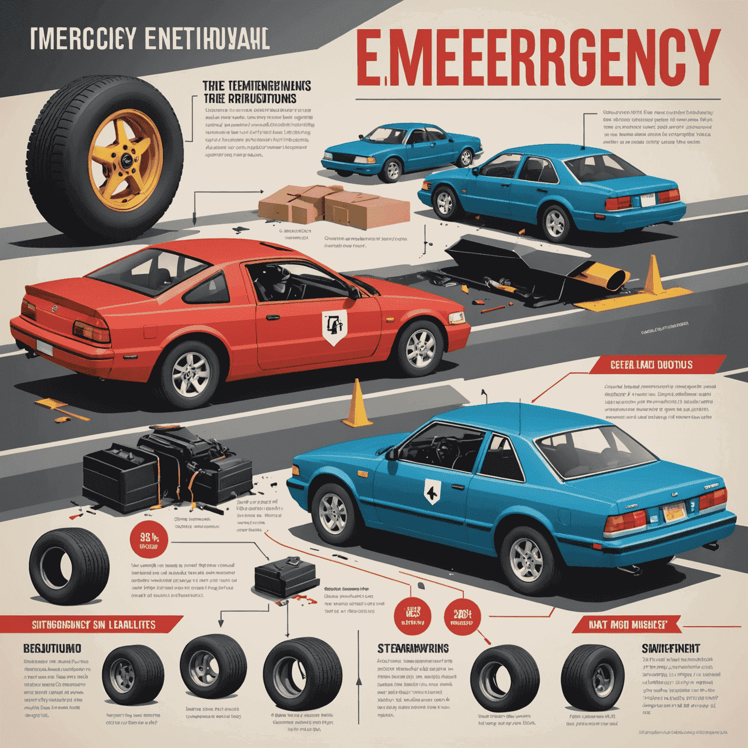 Infographic depicting various emergency situations drivers might face, such as tire blowouts, brake failure, and skidding, along with step-by-step instructions on how to handle each scenario