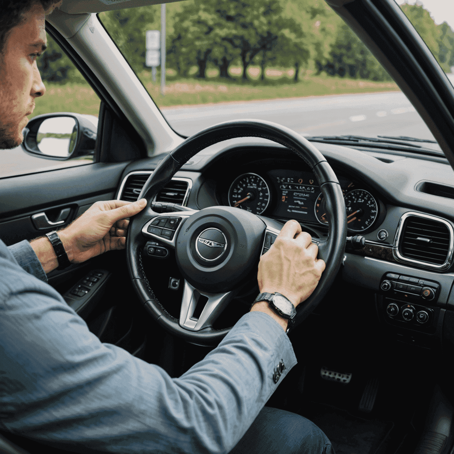 Driver demonstrating proper hand positioning on a steering wheel