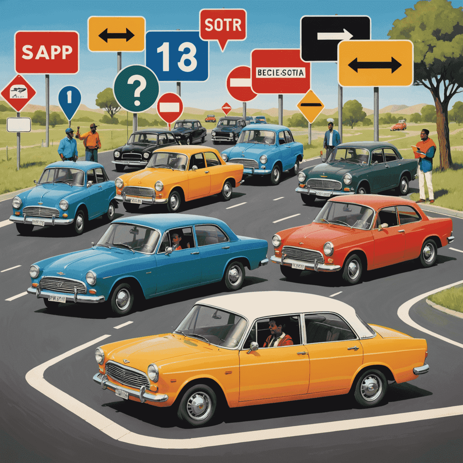 A diverse group of drivers engaged in a lively discussion, with speech bubbles containing road signs, car icons, and helpful tips floating above them.